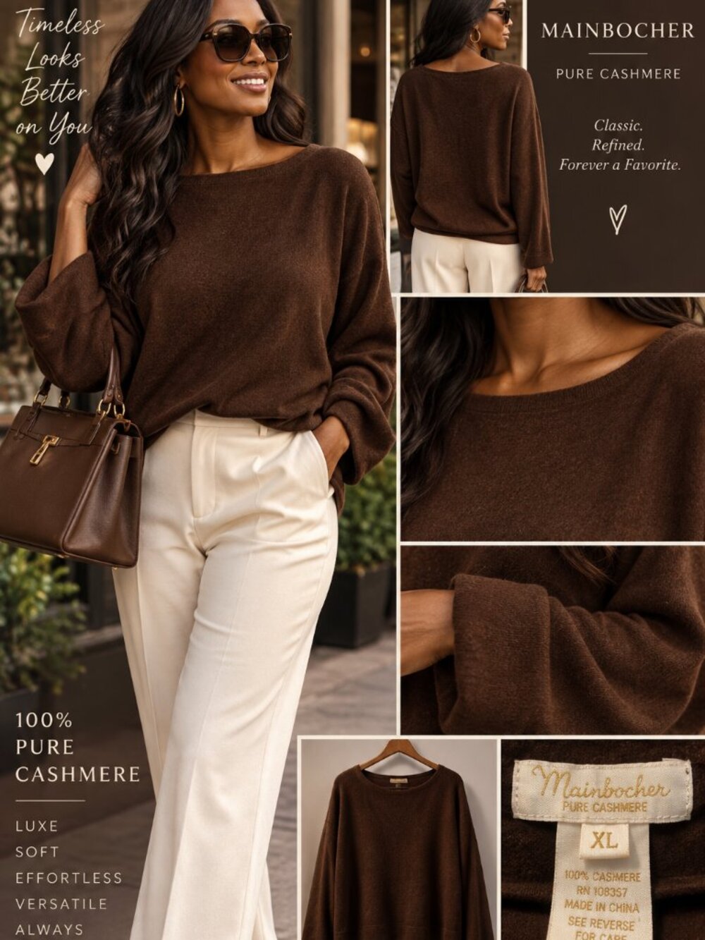 Mainbocher 100% Cashmere Sweater XL Chocolate Brown Quiet Luxury